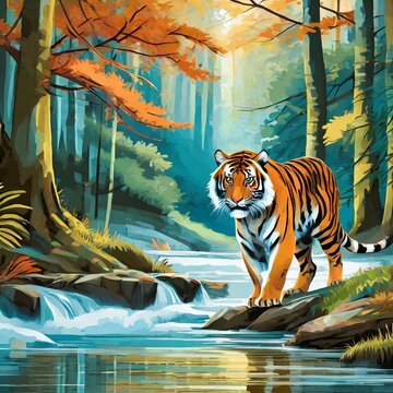 a captivating animal poster wall art featuring a brave tiger standing beside a flowing stream. Utilize bold colors and strong lines to convey the tiger's strength and confidence, capturing the raw bea