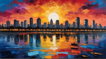 sunset in Buenos Aires Argentina theme oil pallet knife paint painting on canvas with large brush strokes modern art from Generative AI - obrazy, fototapety, plakaty