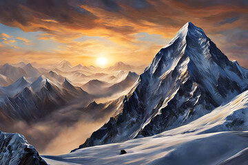 awesome landscape photograph, breathtaking view of a snow-covered mountain range at sunset, snowy slopes and ice, rolling mist and fog beneath a cloudy sky
