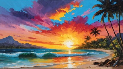 Sunset in honduras theme oil pallet knife paint painting on canvas with large brush strokes modern art illustration abstract from Generative AI