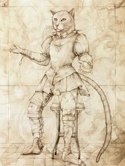 Fototapeta na wymiar drawing of an anthropomorphic cat medieval paper