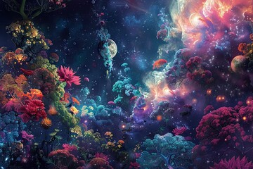 celestial garden in the depths of space, where colorful nebulae bloom like flowers and planets hang like ripe fruit from celestial vines - obrazy, fototapety, plakaty