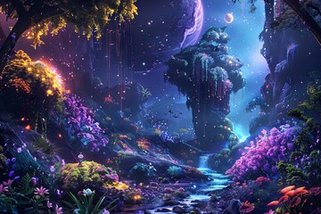 celestial garden in the depths of space, where colorful nebulae bloom like flowers and planets hang...