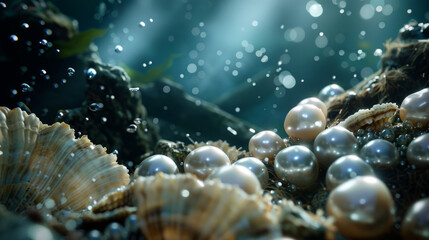 Fototapeta na wymiar Close-up image of pearls and seashells underwater with light rays penetrating the deep blue sea, evoking a sense of discovery and mystery