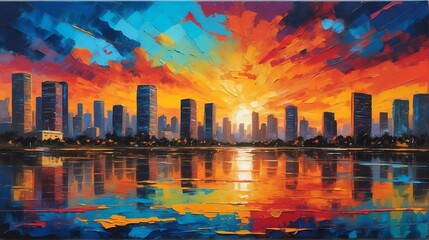 Sunset in manila philippines theme oil pallet knife paint painting on canvas with large brush strokes modern art illustration abstract from Generative AI