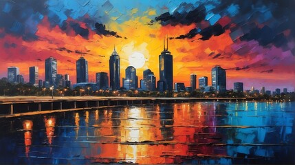 Naklejka premium Sunset in melbourne australia theme oil pallet knife paint painting on canvas with large brush strokes modern art illustration abstract from Generative AI