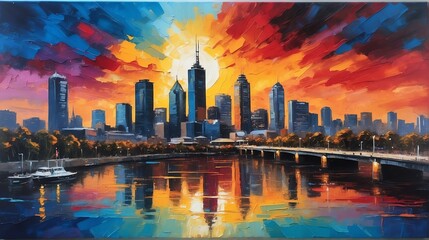 Fototapeta premium Sunset in melbourne australia theme oil pallet knife paint painting on canvas with large brush strokes modern art illustration abstract from Generative AI