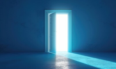 3d render, blue room, bright white light shining behind the opening door, flight forward, entering inside the doorway. Modern minimal concept. Opportunity, Generative AI 