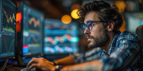 Obraz premium Man working at multiple computer screens in plaid shirt and glasses in office setting