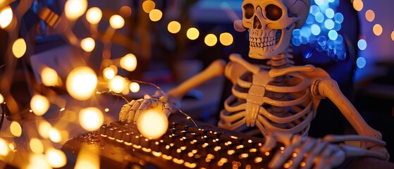 Redeyed skeleton typing furiously, surrounded by bokeh light orbs - obrazy, fototapety, plakaty