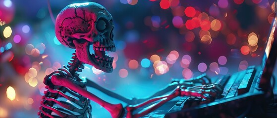 Redeyed skeleton typing furiously, surrounded by bokeh light orbs