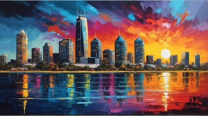 sunset in perth australia theme oil pallet knife paint painting on canvas with large brush strokes modern art illustration abstract from Generative AI