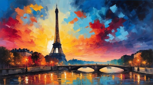 sunset in Paris, France theme oil pallet knife paint painting on canvas with large brush strokes modern art illustration abstrac from Generative AI