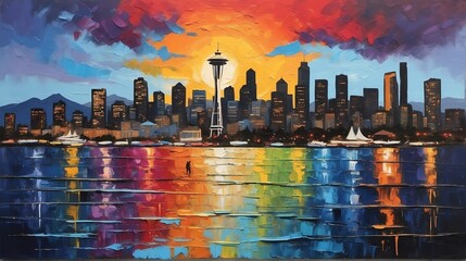Sunset in seattle united states theme oil pallet knife paint painting on canvas with large brush strokes modern art illustration abstract from Generative AI - obrazy, fototapety, plakaty