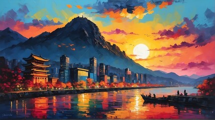 sunset in Seoul South Korea theme oil pallet knife paint painting on canvas with large brush strokes modern art illustration from Generative AI - obrazy, fototapety, plakaty