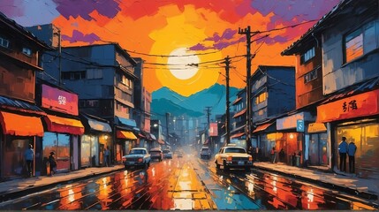 sunset in Seoul South Korea theme oil pallet knife paint painting on canvas with large brush strokes modern art illustration from Generative AI - obrazy, fototapety, plakaty