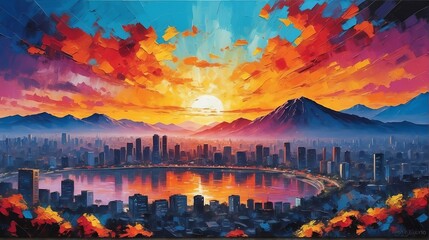 sunset in Seoul South Korea theme oil pallet knife paint painting on canvas with large brush strokes modern art illustration from Generative AI - obrazy, fototapety, plakaty
