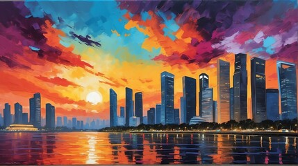 sunset in Singapore theme oil pallet knife paint painting on canvas with large brush strokes modern art illustration abstract from Generative AI - obrazy, fototapety, plakaty