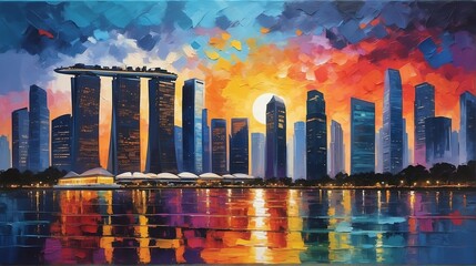 sunset in Singapore theme oil pallet knife paint painting on canvas with large brush strokes modern art illustration abstract from Generative AI