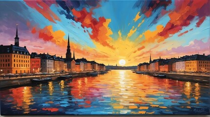 Sunset in stockholm sweden theme oil pallet knife paint painting on canvas with large brush strokes modern art illustration abstract from Generative AI - obrazy, fototapety, plakaty