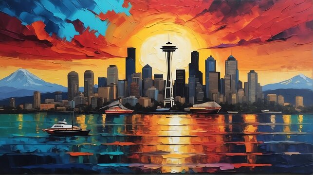 Sunset in seattle united states theme oil pallet knife paint painting on canvas with large brush strokes modern art illustration abstract from Generative AI