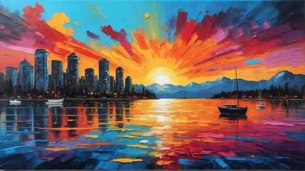 Sunset in vancouver canada theme oil pallet knife paint painting on canvas with large brush strokes modern art illustration abstract from Generative AI - obrazy, fototapety, plakaty
