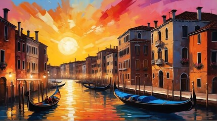 sunset in Venice Italy theme oil pallet knife paint painting on canvas with large brush strokes modern art illustration abstract from Generative AI - obrazy, fototapety, plakaty