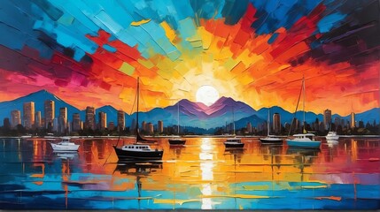 Naklejka premium Sunset in vancouver canada theme oil pallet knife paint painting on canvas with large brush strokes modern art illustration abstract from Generative AI