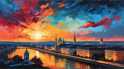 sunset in Vienna Austria theme oil pallet knife paint painting on canvas with large brush strokes modern art illustration from Generative AI - obrazy, fototapety, plakaty