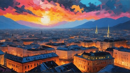sunset in Vienna Austria theme oil pallet knife paint painting on canvas with large brush strokes modern art illustration from Generative AI - obrazy, fototapety, plakaty