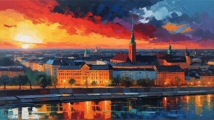Sunset in warsaw poland theme oil pallet knife paint painting on canvas with large brush strokes modern art illustration abstract from Generative AI - obrazy, fototapety, plakaty