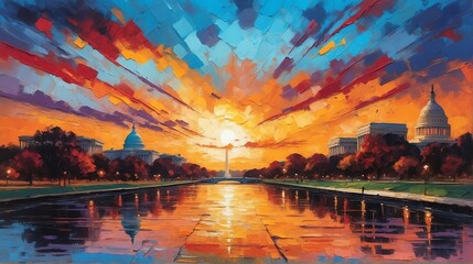 Sunset in washington dc united states theme oil pallet knife paint painting on canvas with large brush strokes modern art illustration abstract from Generative AI - obrazy, fototapety, plakaty