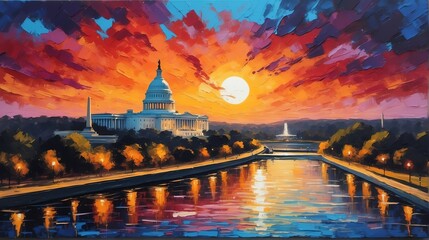 Sunset in washington dc united states theme oil pallet knife paint painting on canvas with large brush strokes modern art illustration abstract from Generative AI - obrazy, fototapety, plakaty