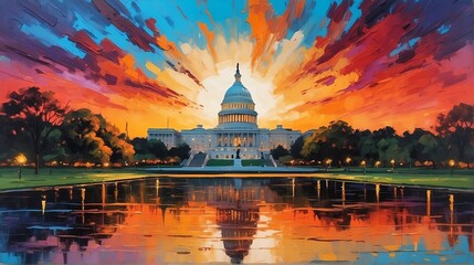 Sunset in washington dc united states theme oil pallet knife paint painting on canvas with large brush strokes modern art illustration abstract from Generative AI - obrazy, fototapety, plakaty