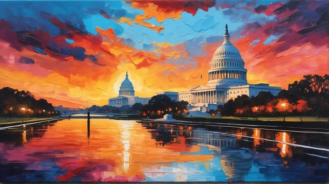 Sunset in washington dc united states theme oil pallet knife paint painting on canvas with large brush strokes modern art illustration abstract from Generative AI