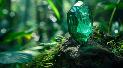A large, beautifully cut emerald crystal stands prominently against a varied green natural background, spotlighting its clarity and cut