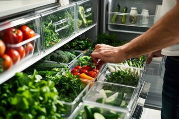 Man selecting fresh fruits and vegetables from open refrigerator filled with plastic containers of...