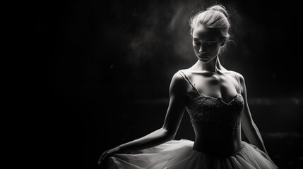 Danseuse classique en tutu, femme ballerine en train de danser. Photographie en noir et blanc. Danse, ballet, gracieuse, féminin. Pour conception et création graphique. - obrazy, fototapety, plakaty