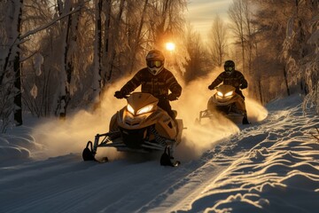 a vivid depiction of a couple enjoying an adventurous ride on a snowmobile against a stunning snowy backdrop