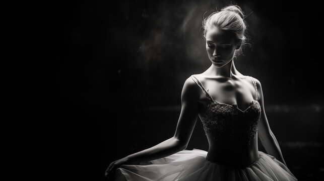 Danseuse classique en tutu, femme ballerine en train de danser. Photographie en noir et blanc. Danse, ballet, gracieuse, f&eacute;minin. Pour conception et cr&eacute;ation graphique.