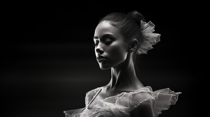 Danseuse classique en tutu, femme ballerine en train de danser. Photographie en noir et blanc. Danse, ballet, gracieuse, féminin. Pour conception et création graphique. - obrazy, fototapety, plakaty