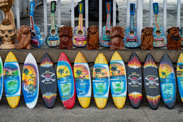 Colorful surf board and guitar souvenirs