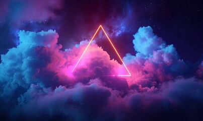 3d render, abstract background with cloud and neon triangular shape in the night sky. Stormy cumulus with glowing geometric frame, Generative AI  - obrazy, fototapety, plakaty
