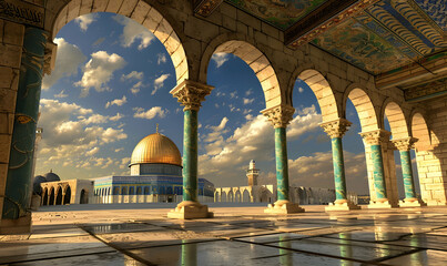 The view on the dome of the rock through the scales of souls colonnade, jerusalem, israel