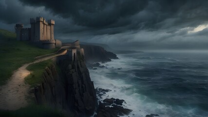 # Prompt 3: Artistic Image"A medieval castle perched atop a rugged cliff overlooking a stormy sea, shrouded in mist and mystery. The ancient fortress is built of weathered stone, with towering battlem