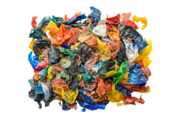 Pile of colorful crumpled plastic pieces on transparent background