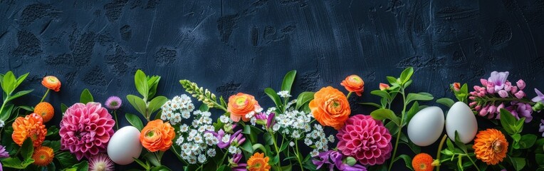 Joyful Easter Still Life: Colorful Flower Blossom Bouquet on Dark Blackboard Background with...