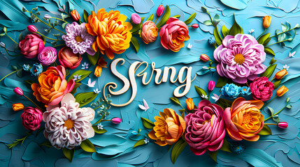 A spring logo that captures the essence of the season with a fresh explosion of flowers on a serene blue background. - obrazy, fototapety, plakaty
