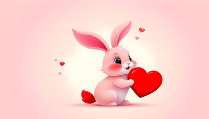 A cute cartoon bunny holding a red heart with a pale pink background