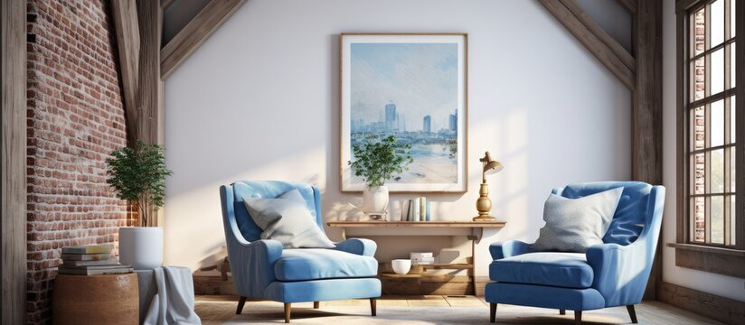 An interior design featuring a living room with two blue chairs, a painting on the wall, and a houseplant. The room is filled with hardwood flooring and wooden accents